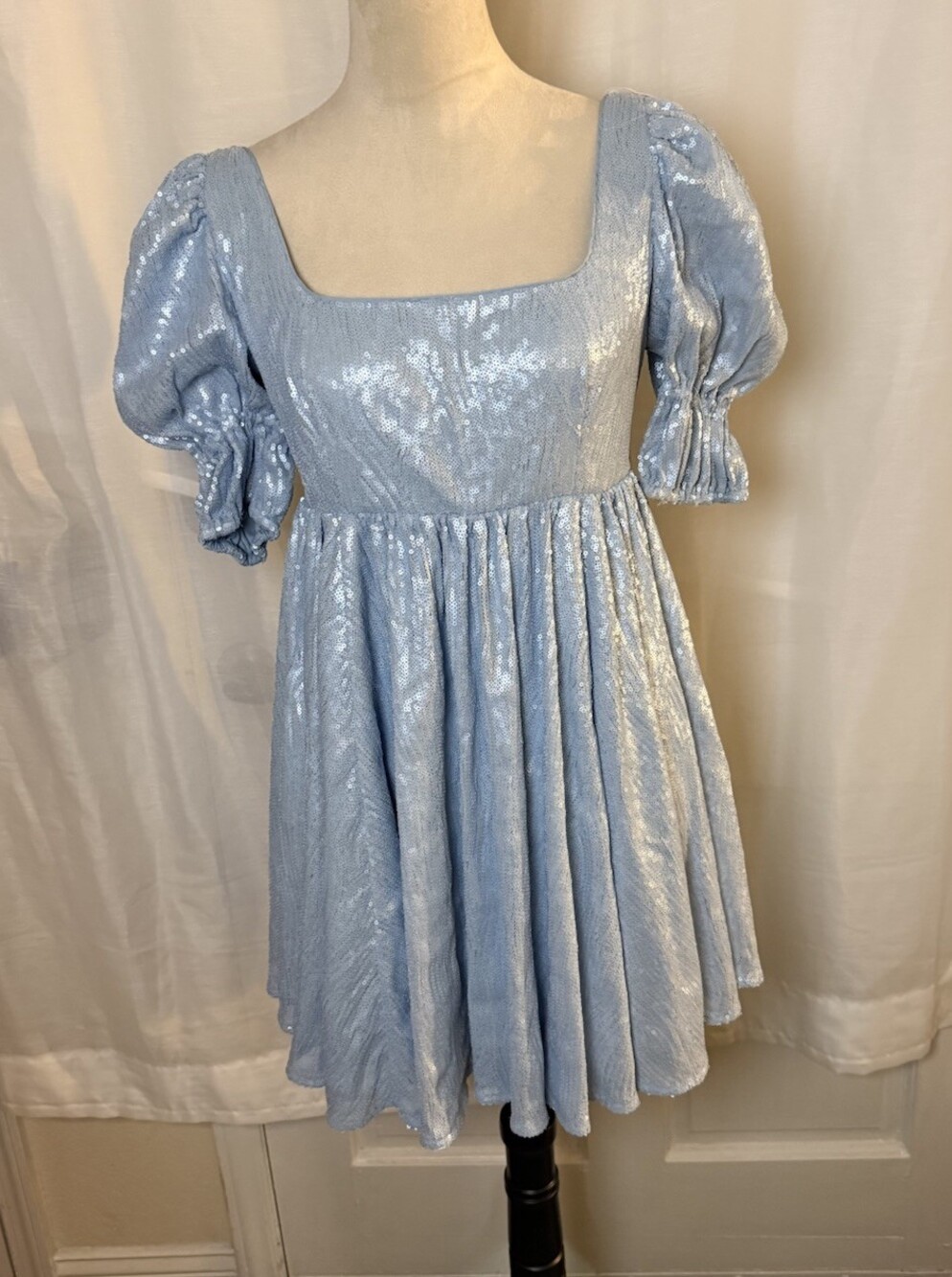 Maison Amory Light Blue Sequin Puff Sleeve Mini Dress Short Size S
